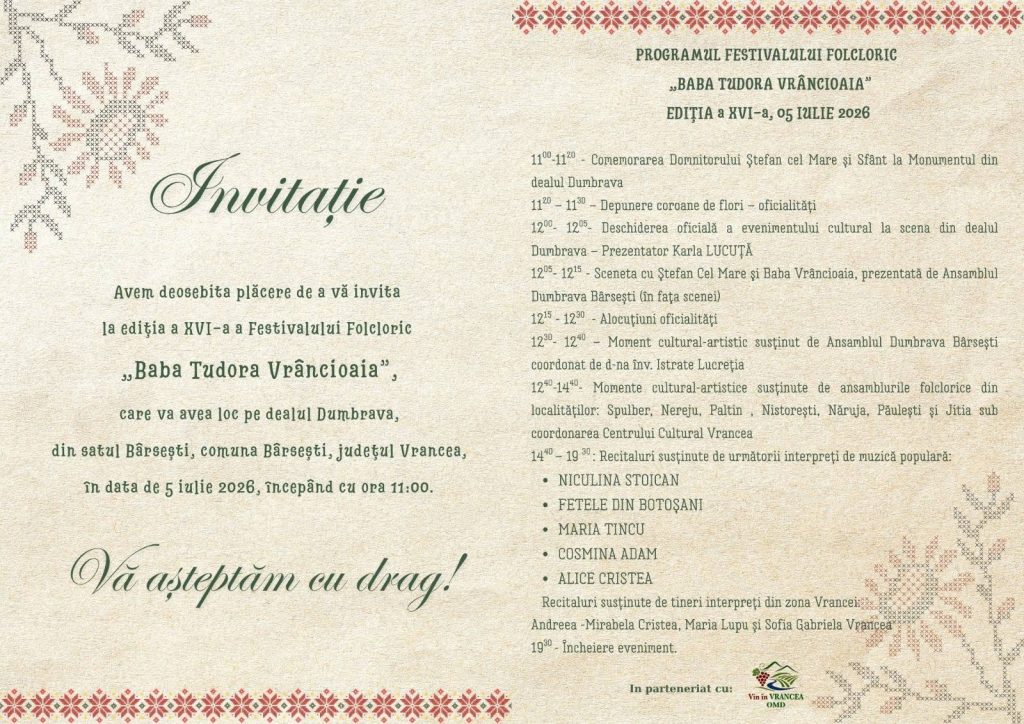 Festivalului Folcloric Baba Tudora Vrâncioaia editia a XVI –a, 2026